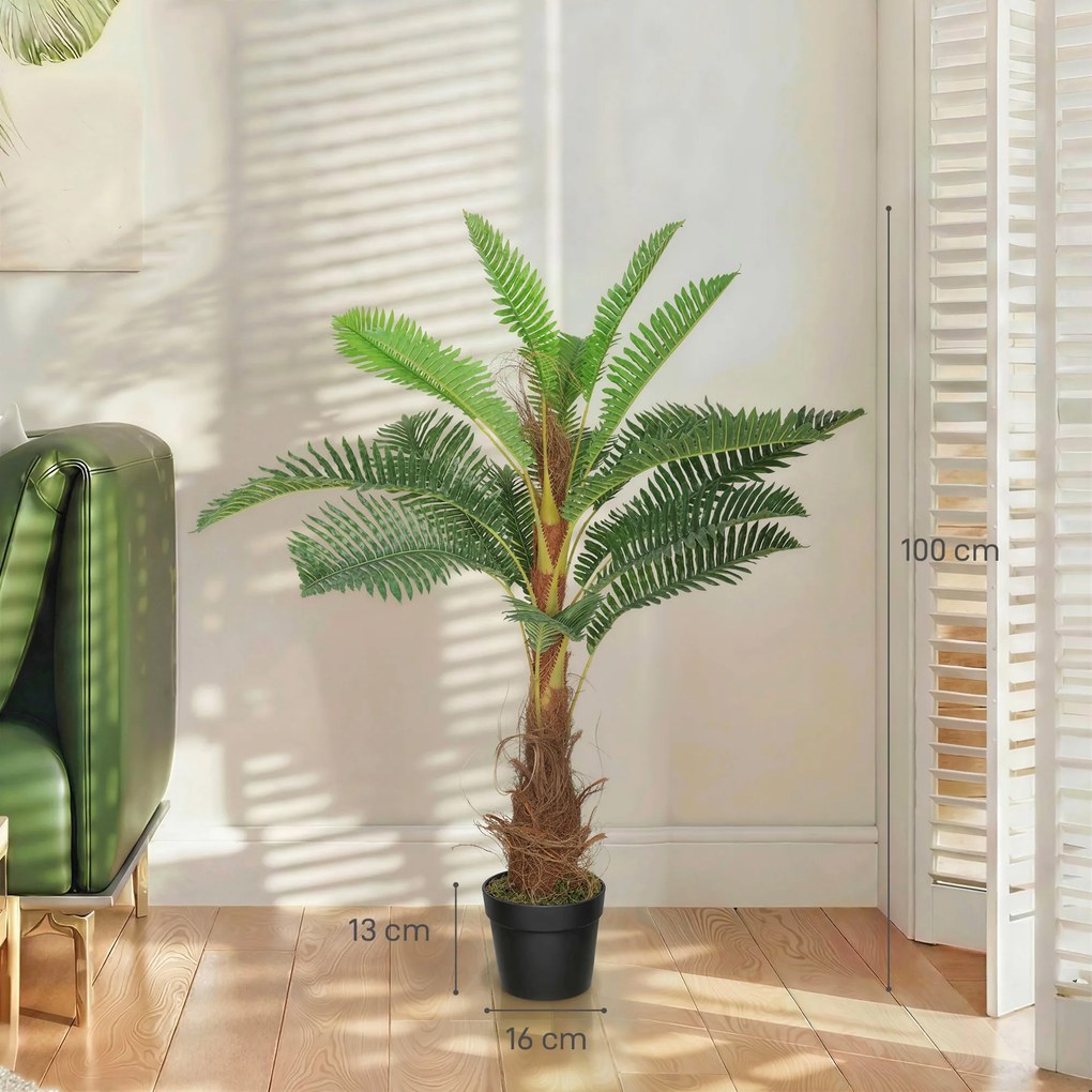 Palmeira artificial de 100 cm com 21 folhas em PEVA, planta decorativa com vaso de plástico, verde