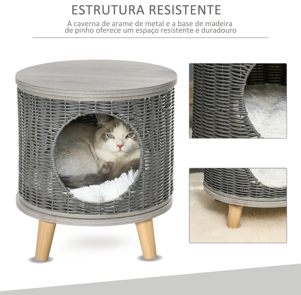 Caverna para Gatos de Vime Casa para Gatos Redonda com Tapete Lavável Pés de Madeira de Pinho Removíveis Ø36x40,5cm Cinza