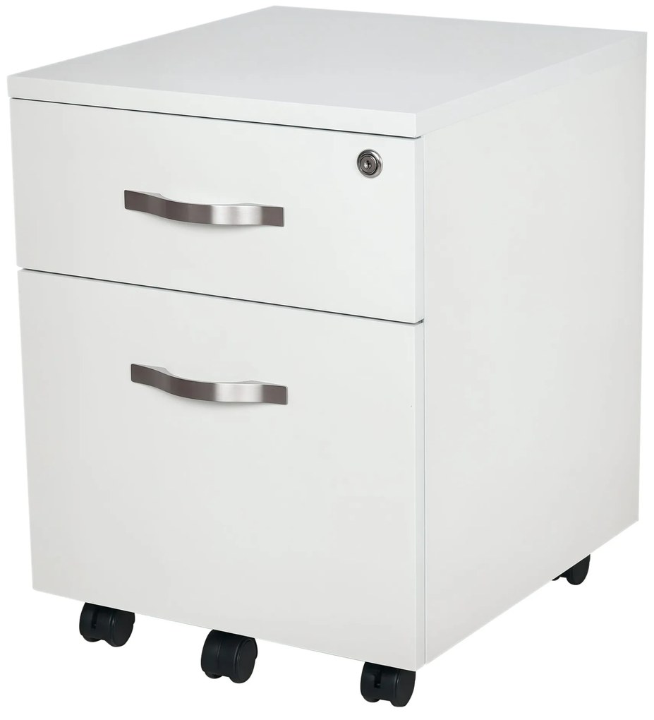 HOMCOM Bloco de Gavetas para Escritório Móvel de Arquivos com 2 Gavetas 5 Rodas com 3 Travões e Fechadura para Escritório Secretária Casa 40x45.5x52.5 cm Branco