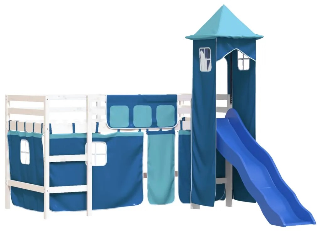 Cama alta para criança com torre 90x200 cm pinho maciço azul