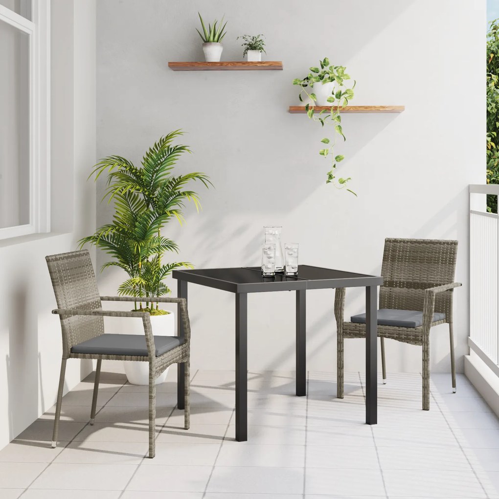 vidaXL Conjunto de Jantar de Jardim de 3 Peças com Almofadas Cinza de Rattan de Polietileno