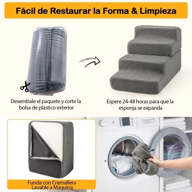 Escada de espuma para cães com 4 degraus, fundo antiderrapante e capa removível e lavável para cães e gatos 60 x 40 x 40 cm Cinza