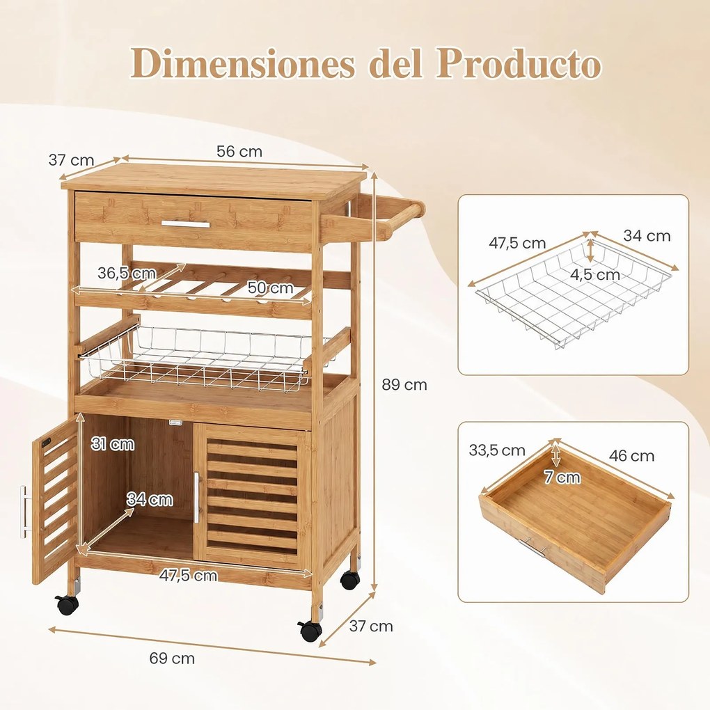 Carrinho de Cozinha com Rodas, 69 x 37 x 89 cm, Suporte para Garrafas de Vinho, Natural