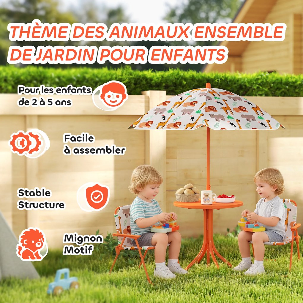 Conjunto de jardim infantil, mesa infantil com 2 cadeiras dobráveis e guarda-sol de Ø 100 cm, com motivos de animais, cor laranja