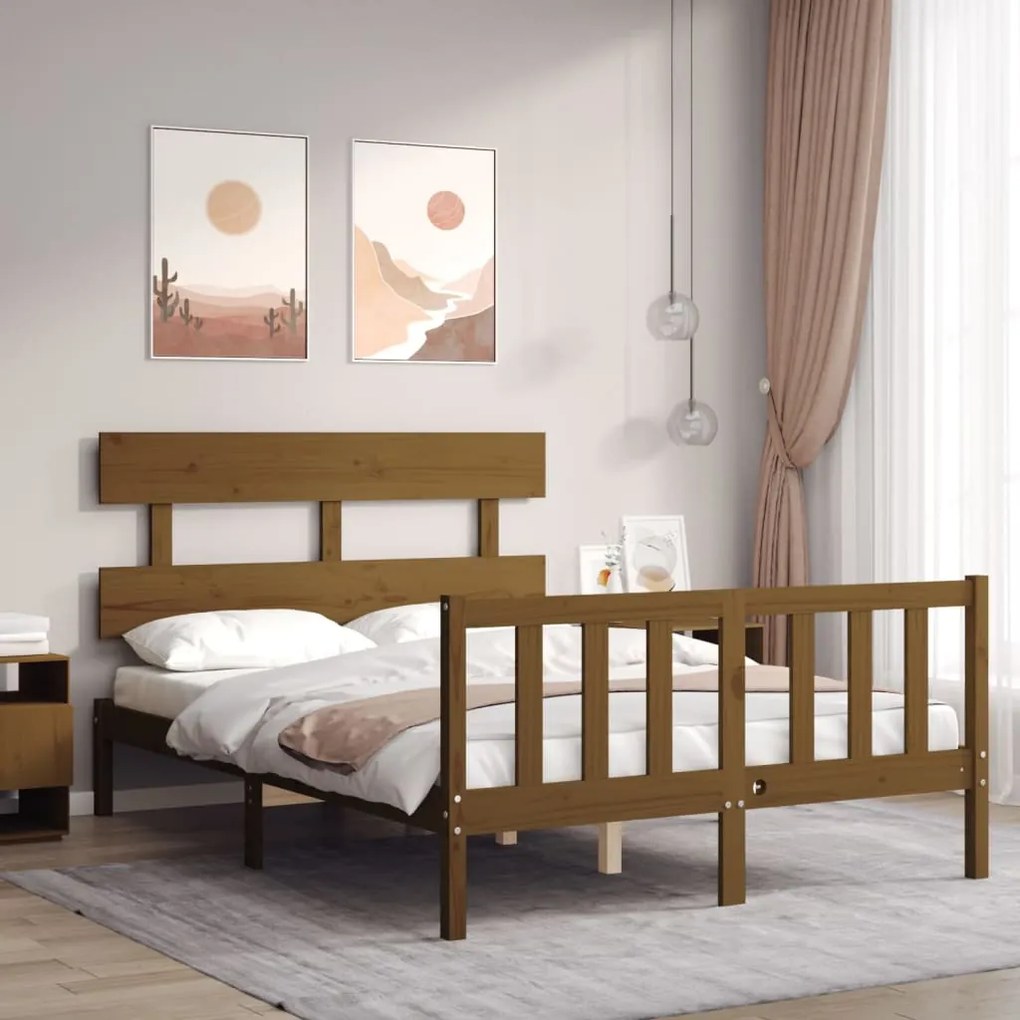 Estrutura de cama dupla pequena 4FT madeira maciça castanho-mel