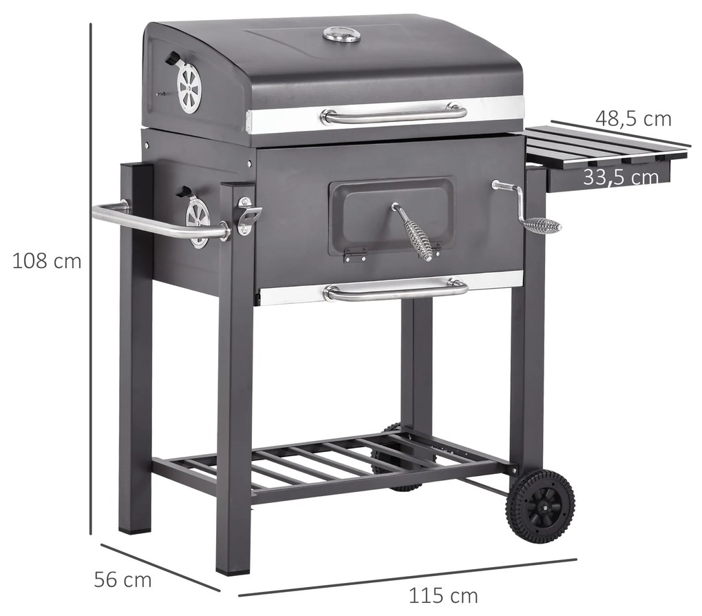 Outsunny Barbecue a Carvão com Rodas Prateleira Lateral e Termômetro Barbecue a Carvão para Jardim Campismo Exterior 115x56x108cm Cinza