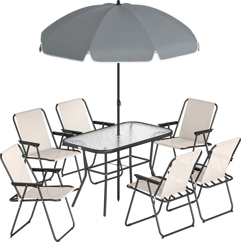 Conjunto de Mesa e Cadeiras de Jardim de 8 Peças com Chapéu de Sol 6 Cadeiras Dobráveis e Mesa de Vidro Creme e Cinza