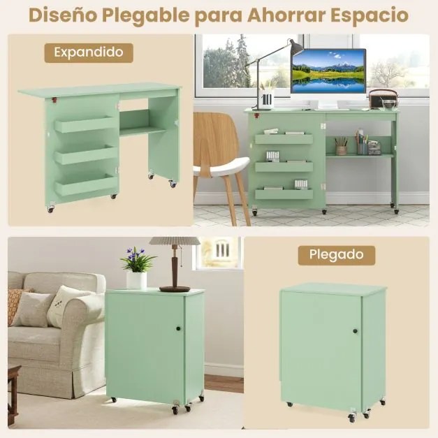 Mesa de costura dobrável 118,5 x 40 x 79,5 cm com estante e 3 compartimentos ocultos com rodas bloqueáveis Verde claro