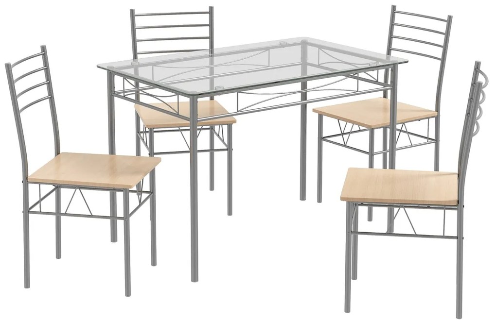 Conjunto Jantar com 1 mesa retangular de vidro e 4 cadeiras com estrutura metálica anti-ferrugem