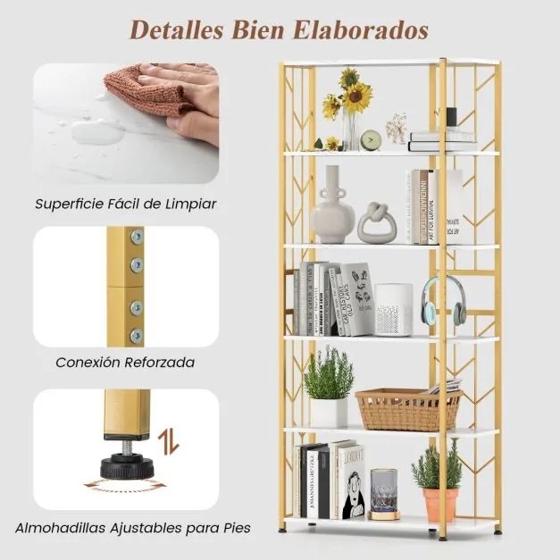 Estante de 6 prateleiras com estrutura metálica 80 x 31 x 180 cm Branca e dourada