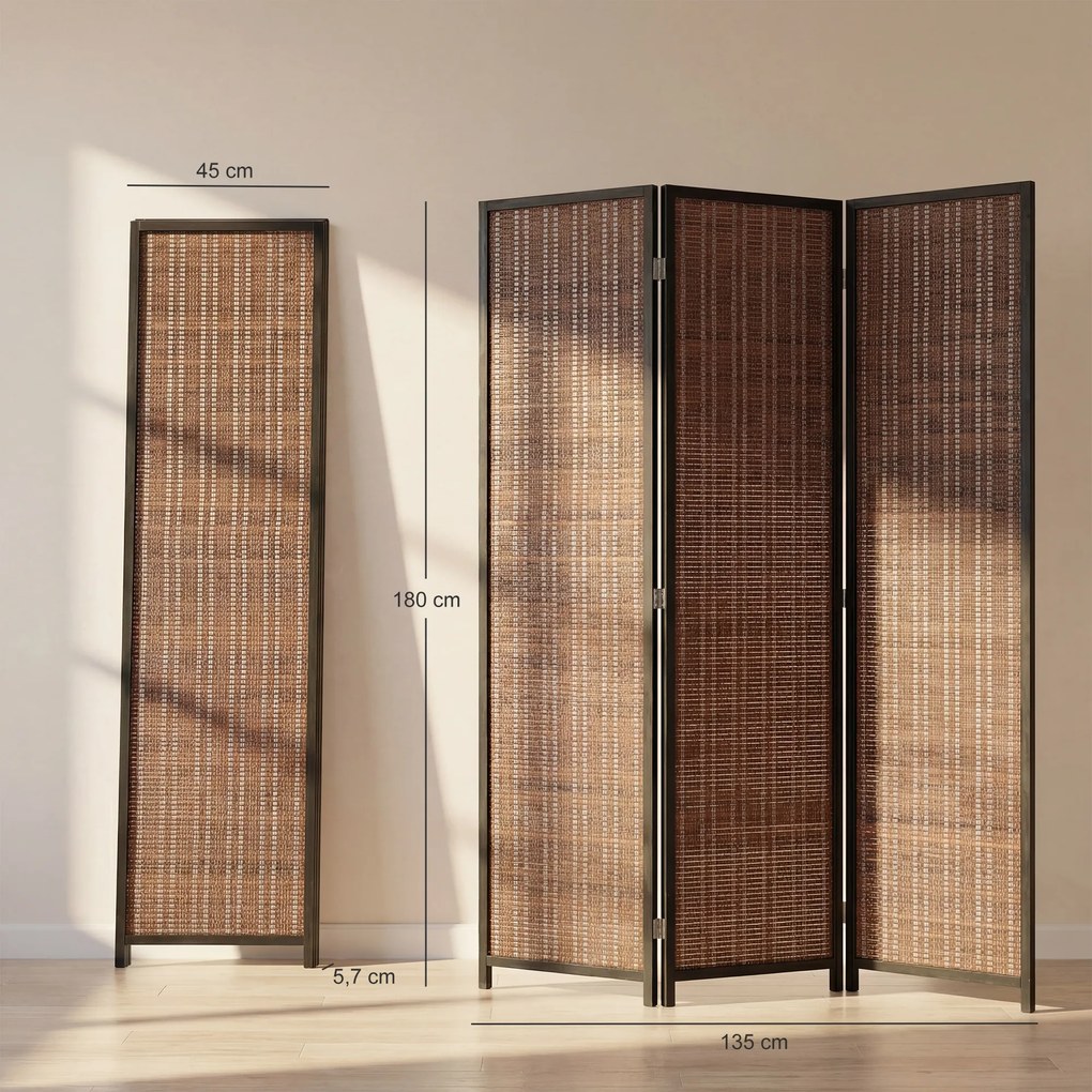 Biombo de madeira para separar divisões, divisória dobrável de 3 painéis, 135 x 180 cm, castanho