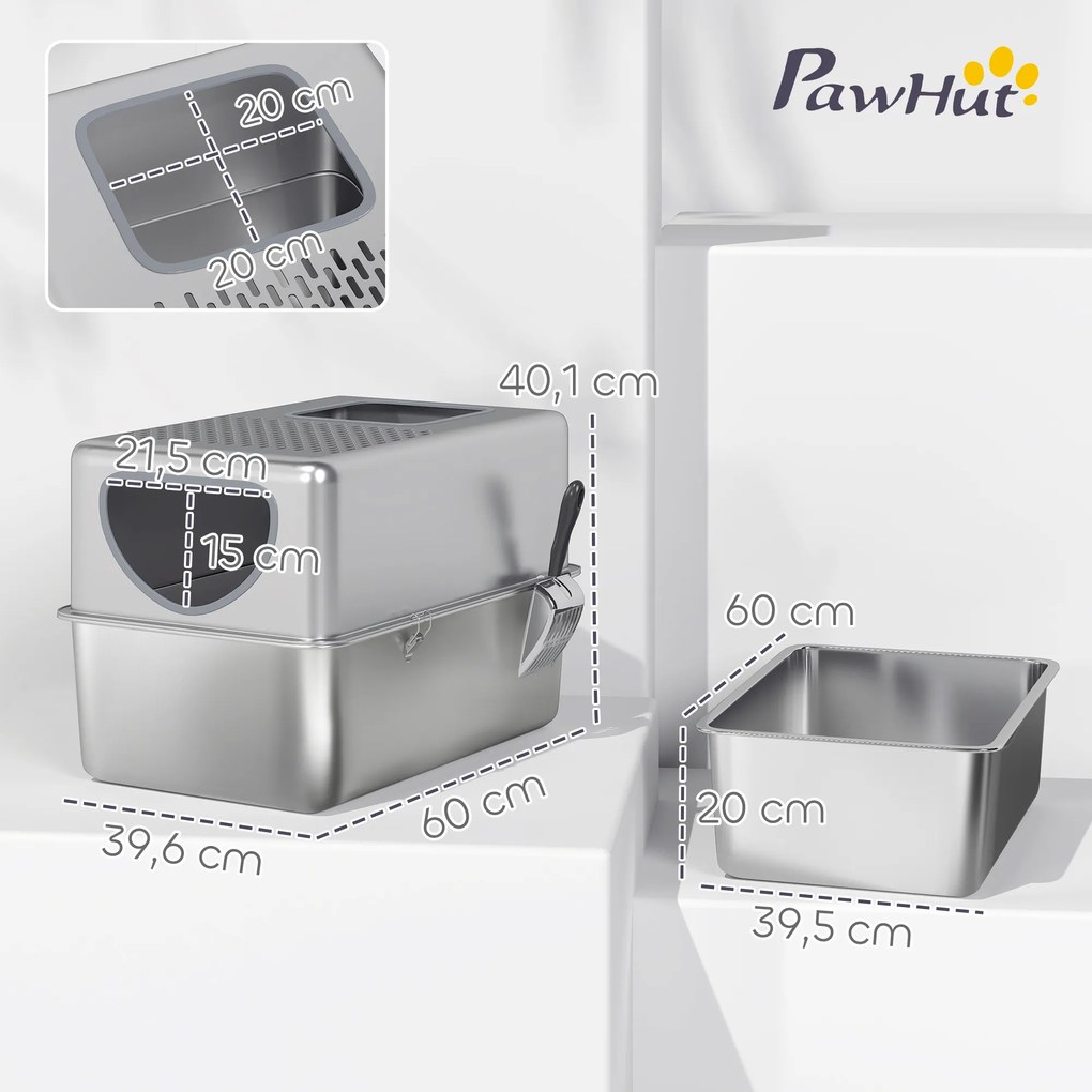 Caixa de Areia para Gatos em Aço Inoxidável XL com Pá Aberturas Duplas Fácil de Limpar 60x39,6x40,1 cm Prateado