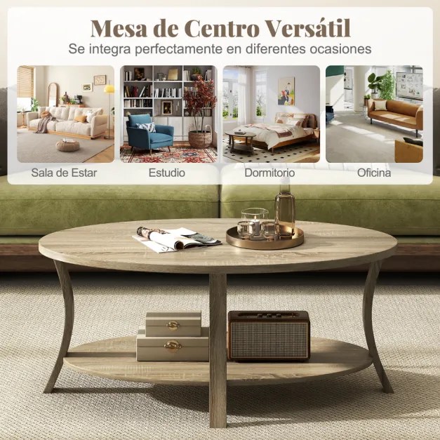 Mesa de Centro Oval 2 níveis 111 x 60,5 x 47 cm com prateleira de armazenamento natural