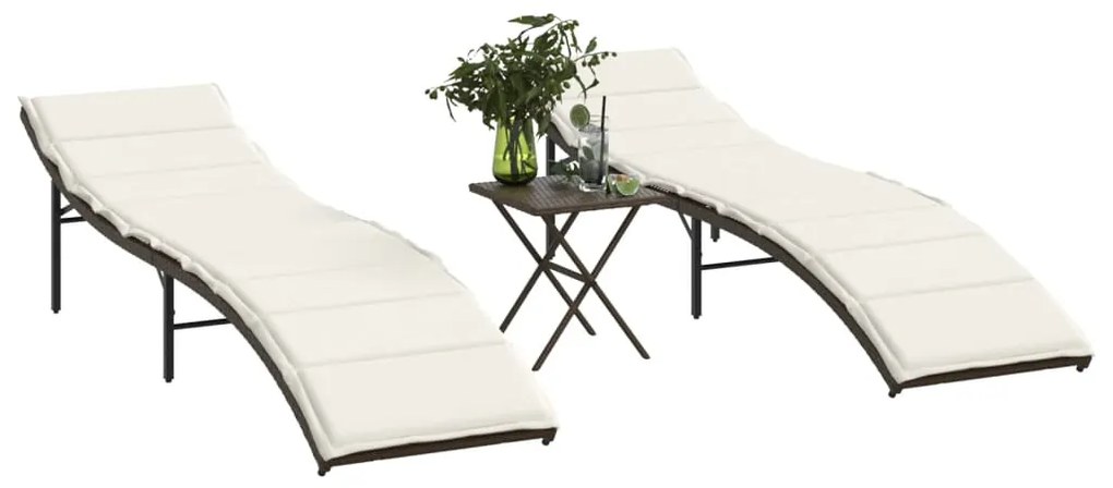 vidaXL Espreguiçadeiras com mesa 2 pcs vime PE castanho
