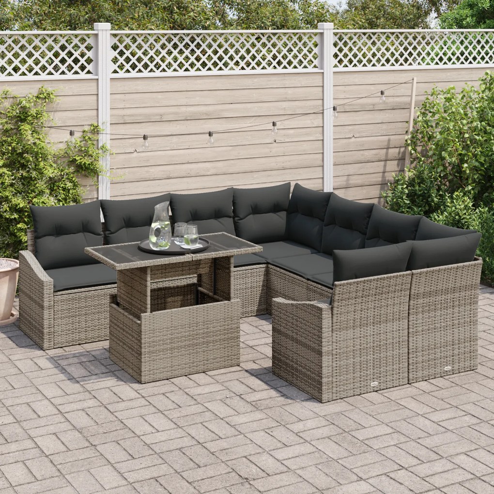 Conjunto de Sofás de Jardim de 9 Peças com Almofadas Cinzas Poly Ratta