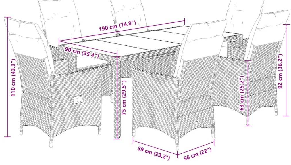 7 pcs conjunto de jantar p/ jardim c/ almofadões vime PE cinza