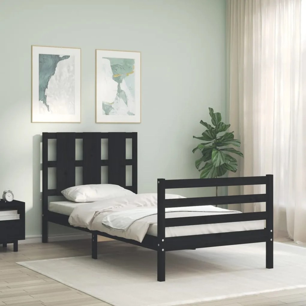 Estrutura de cama com cabeceira 100x200 cm madeira maciça preto