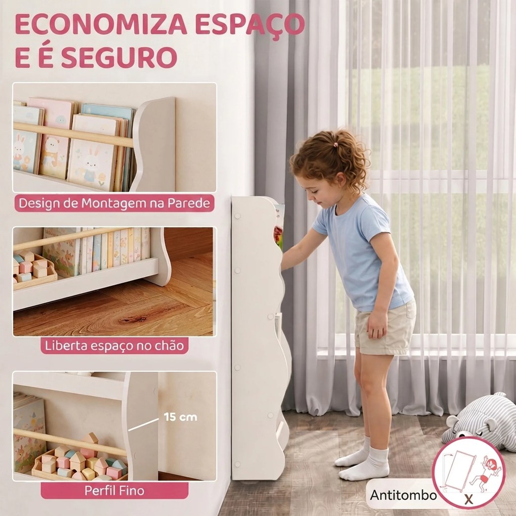 Estante de Livros Infantil de Parede com 3 Níveis, para Sala de Brincar, Sala de Estar e Cantinhos de Leitura, Branco, 3-8 Anos