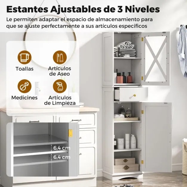 Armário alto para casa de banho estreito com gaveta 40 x 30 x 168 cm, 2 portas e 3 prateleiras branco
