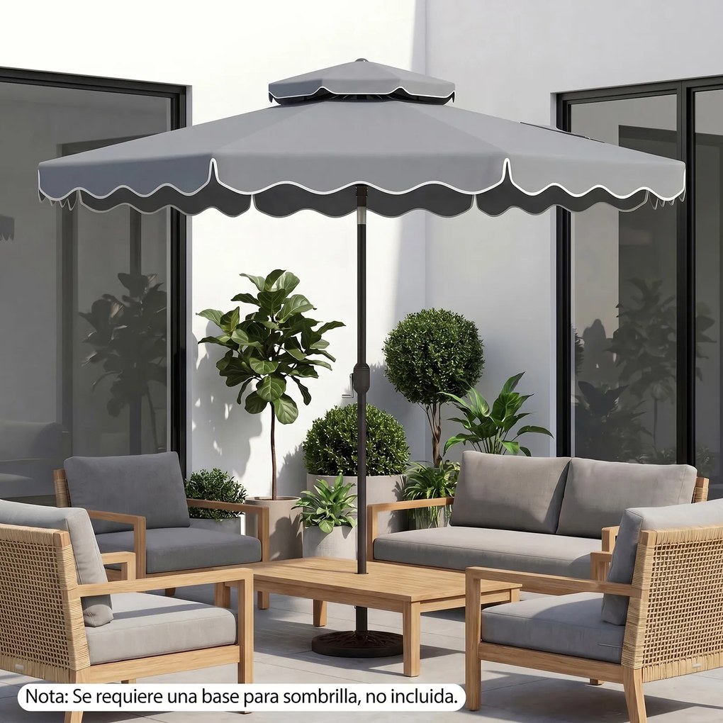 Guarda-sol de 300 cm com inclinação bidirecional de 30° (BASE NÃO INCLUIDA), teto ventilado, 2 camadas, 8 varas metálicas e folhos, para pátio e pisci