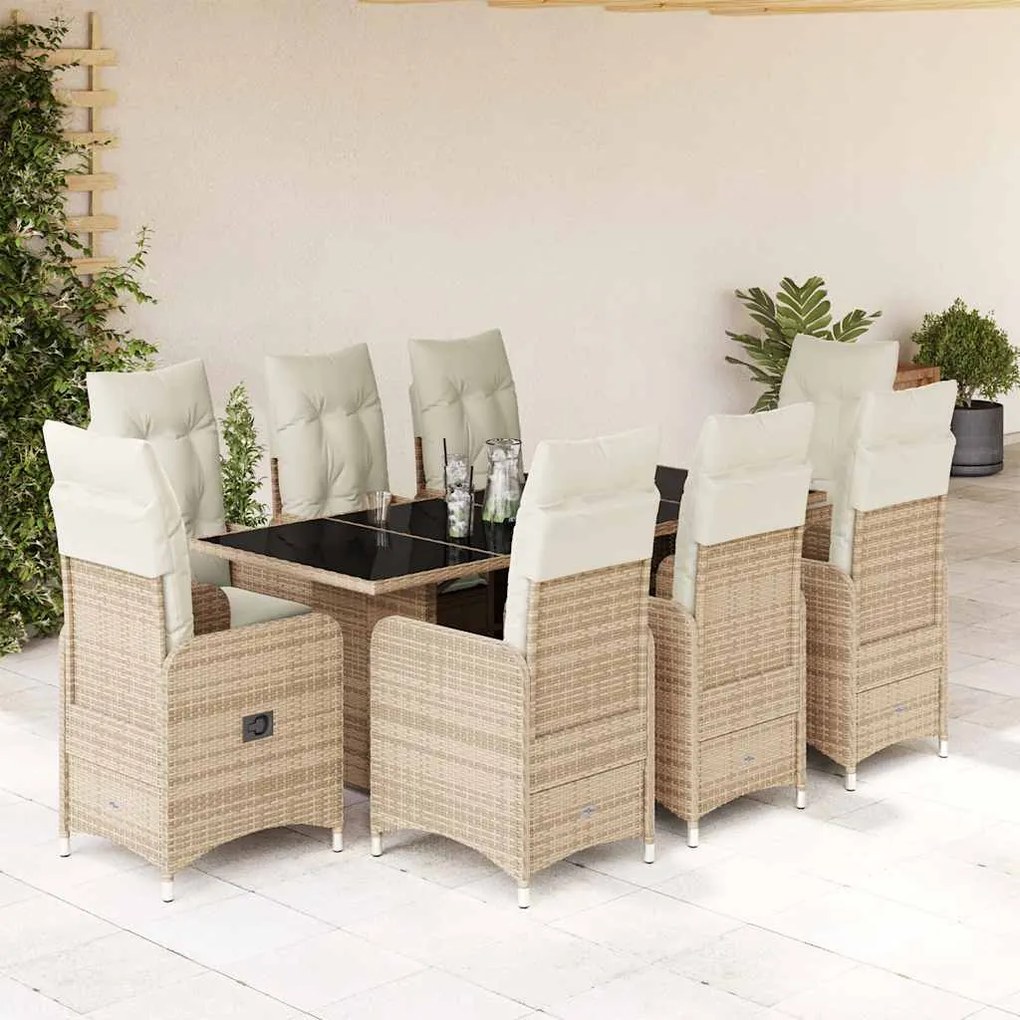 vidaXL 9 pcs conjunto de bistrô para jardim c/ almofadões vime PE bege