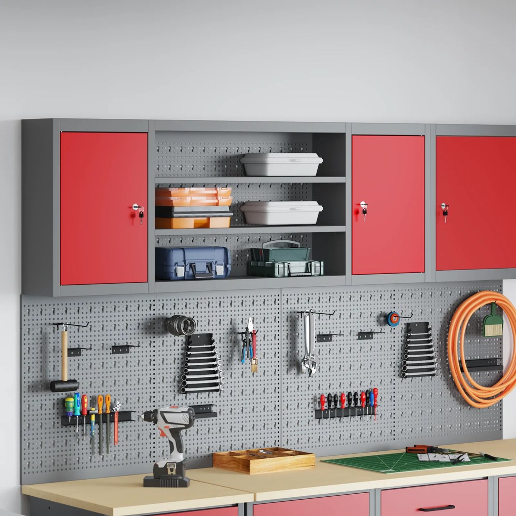 Armário de Ferramentas VidaXL Montado na Parede com Painel de Pendurar Vermelho 150x20x55 cm Aço