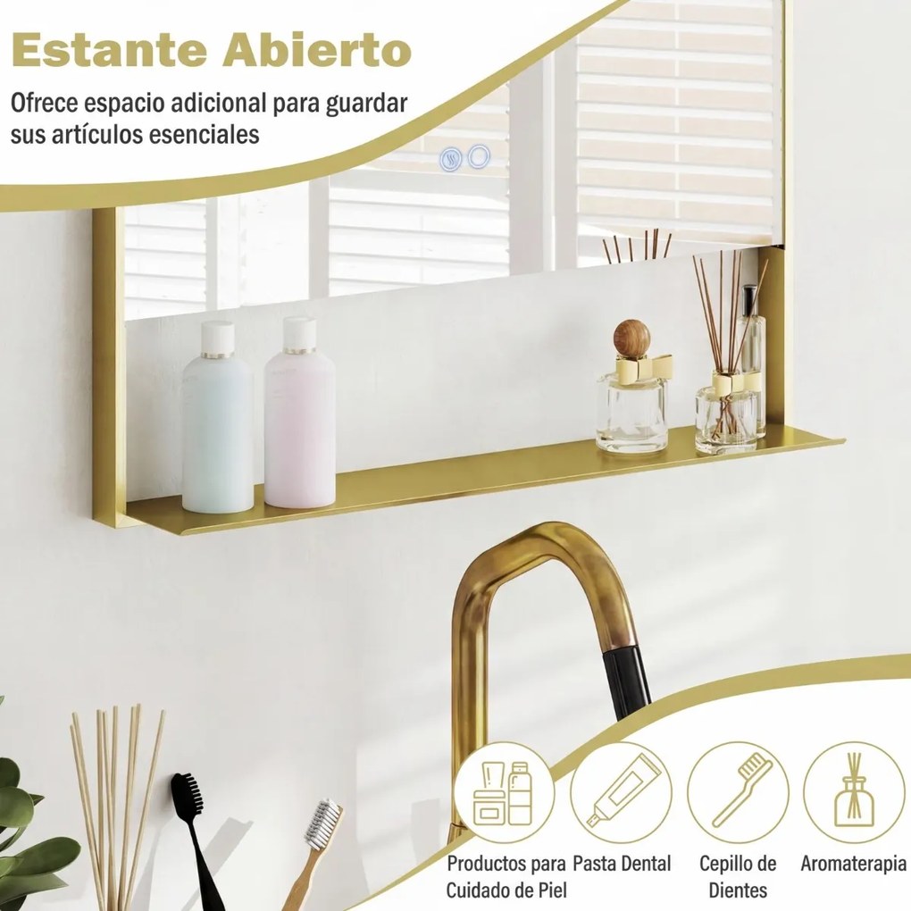 Espelho de casa de banho com LED 80 x 60 cm, função antiembaciamento, 3 cores de luz e brilho ajustável, moldura em alumínio com estante de parede, do