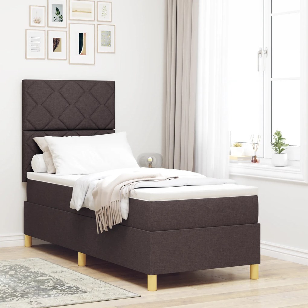 Cama Box Spring com Colchão Castanho Escuro 80x200 cm Tecido