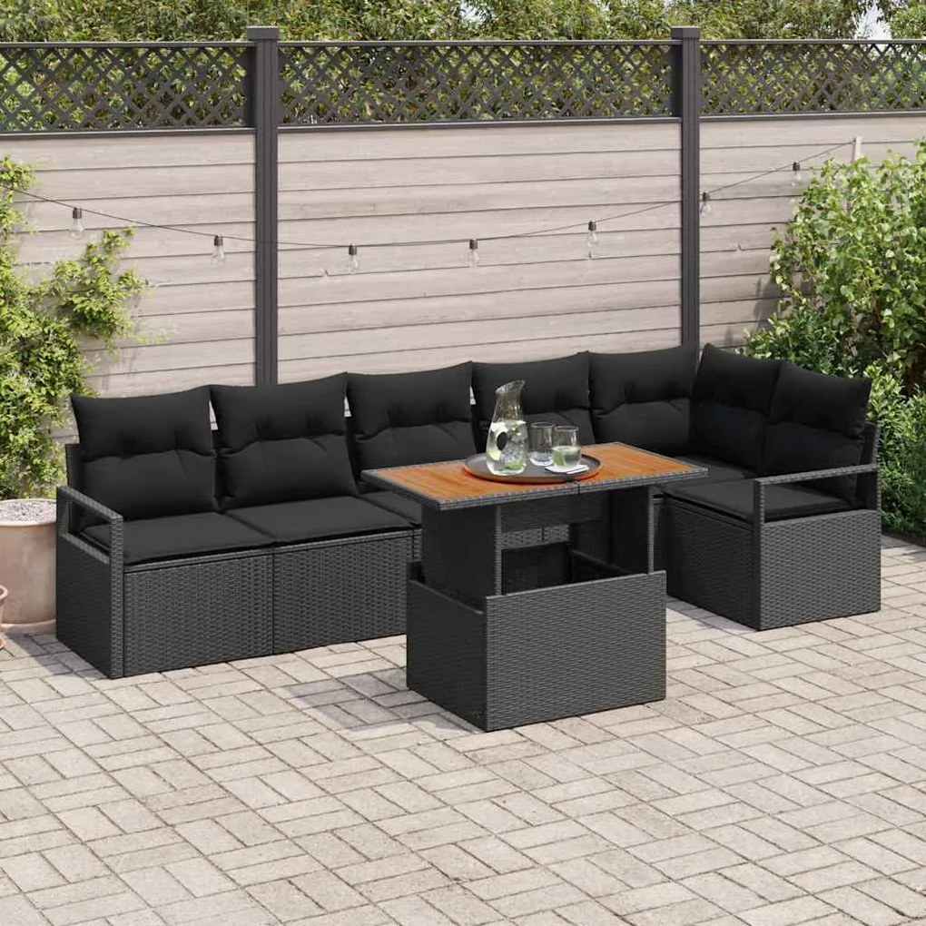 vidaXL Conjunto de Sofá de Jardim 7 Peças com Almofadas em Rattan Sintético Preto e Madeira de Acácia