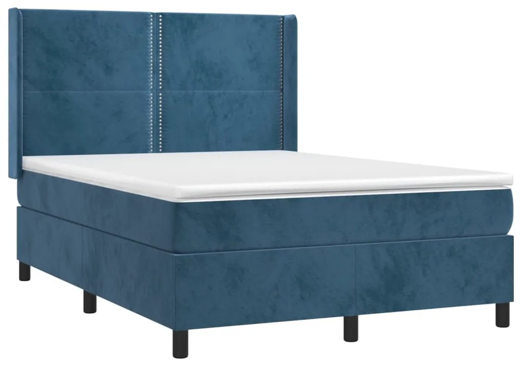 Cama box spring c/ colchão/LED 140x190 cm veludo azul-escuro