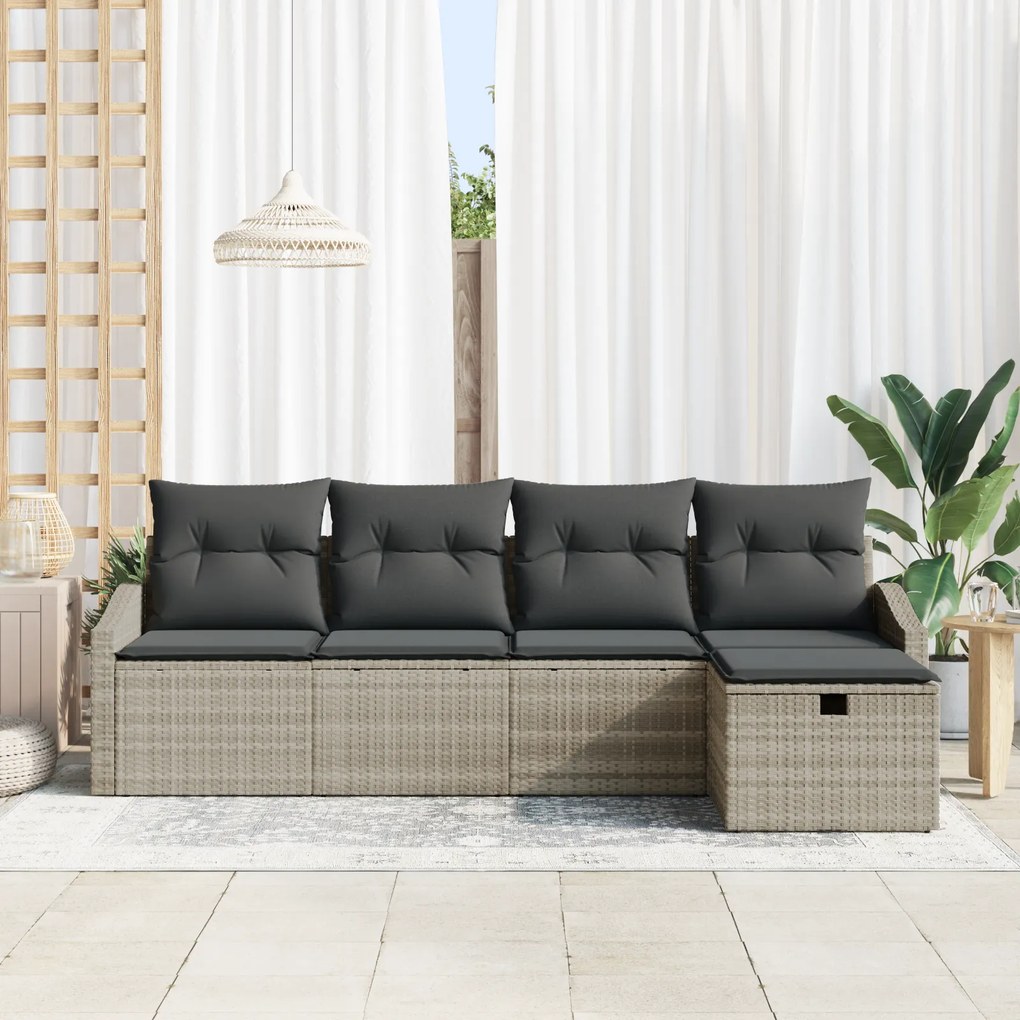 Conjunto de Sofá de Jardim de 5 Peças com Almofadas Cinza Claro Vime P