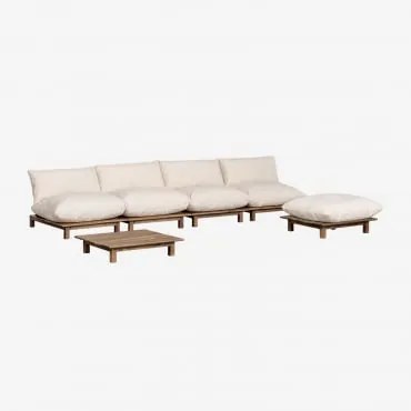 Conjunto De Sala De Estar Com Sofá Modular Reclinável De 4 Peças, Mesa De Centro E Puff Em Madeira De Acácia Brina Beige Creme - Sklum