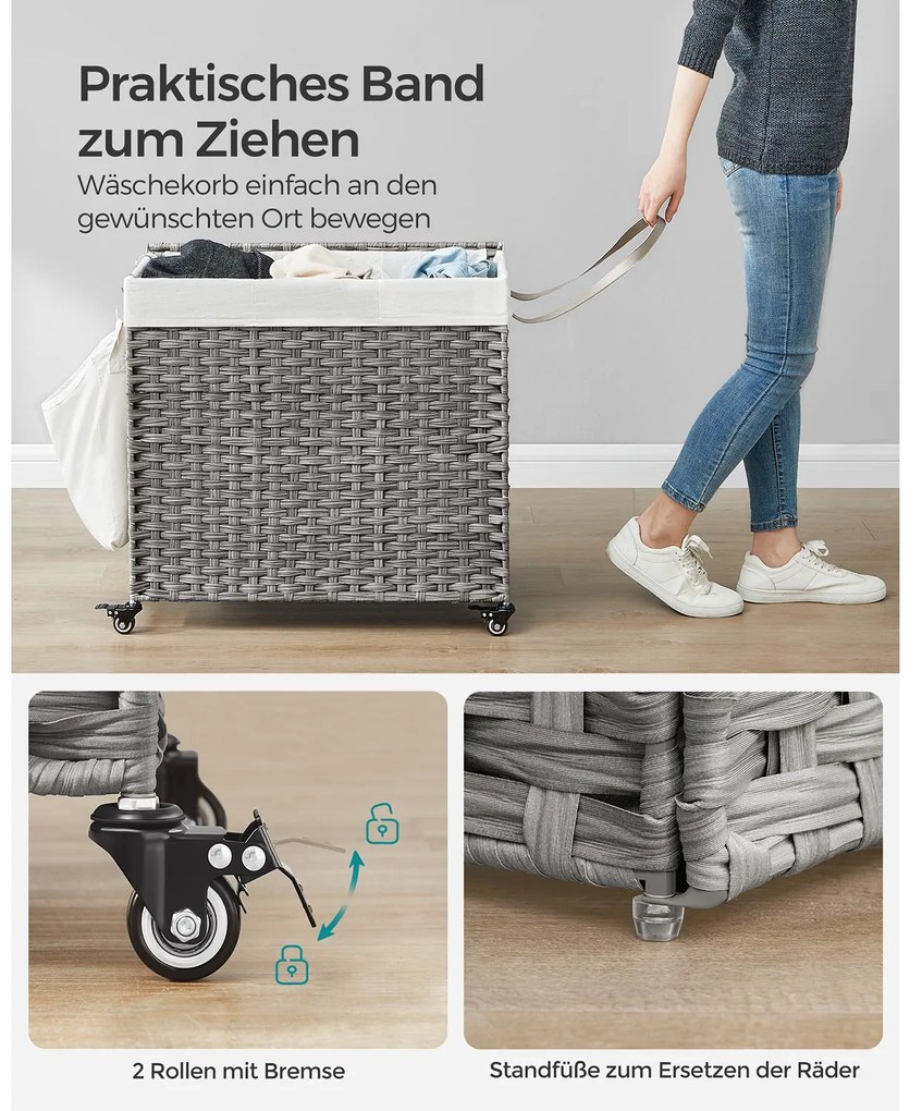 Cesto para roupa suja dobrável com 3 compartimentos e bolso lateral 70 x 36 x 66 cm Cinzento