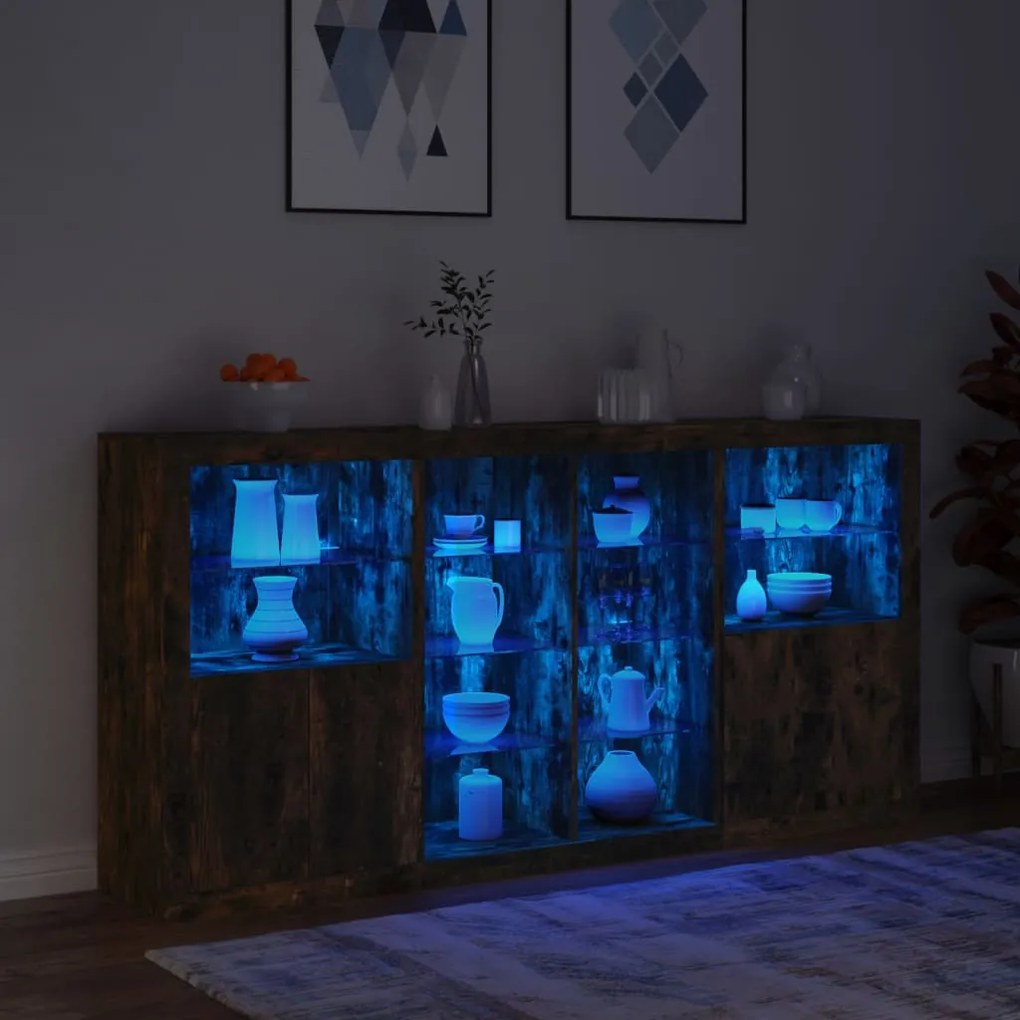 Aparador com luzes LED 202x37x100 cm carvalho fumado