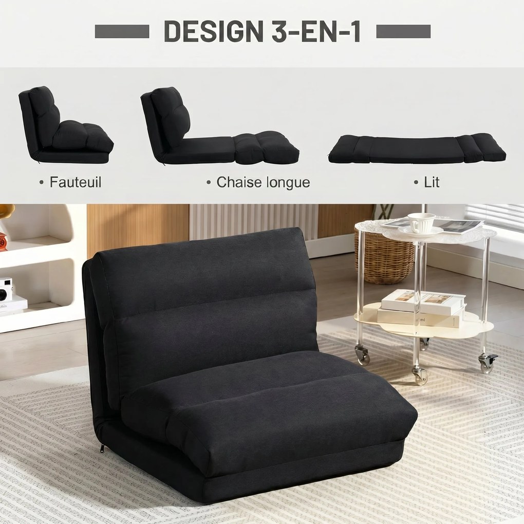 Poltrona de chão, sofá reclinável, poltrona convertível em cama reclinável de 90° a 180°, tecido - 70 x 72 x 56 cm - preto