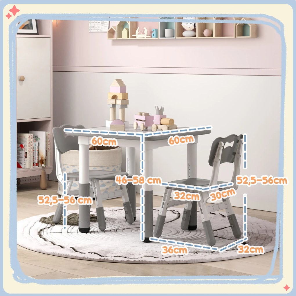 Mesa e Cadeiras para Crianças de 3 Peças com Altura Ajustável para Sala de Jogos Quarto Escola Infantil Branco e Cinza