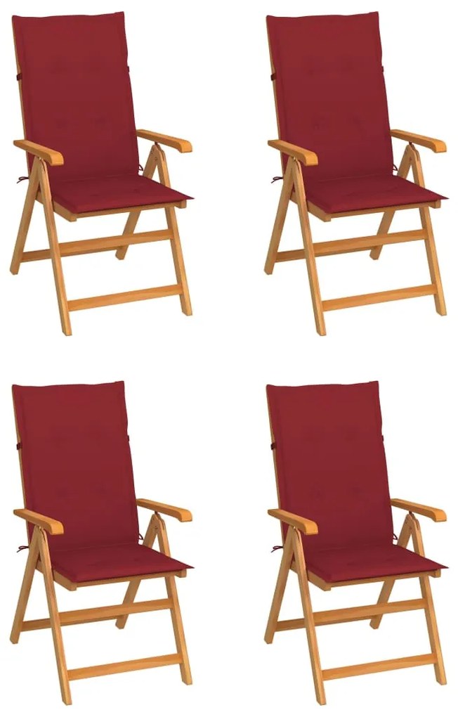 vidaXL Cadeiras jardim c/ almofadões vermelho tinto 4 pcs teca maciça
