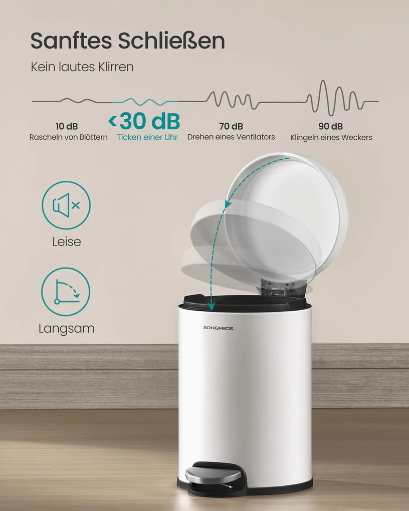 Cesto Lixo Casa Banho com 3 litros de capacidade e tampa com fecho suave 22,4 x 17,3 x 25,4 cm Branco