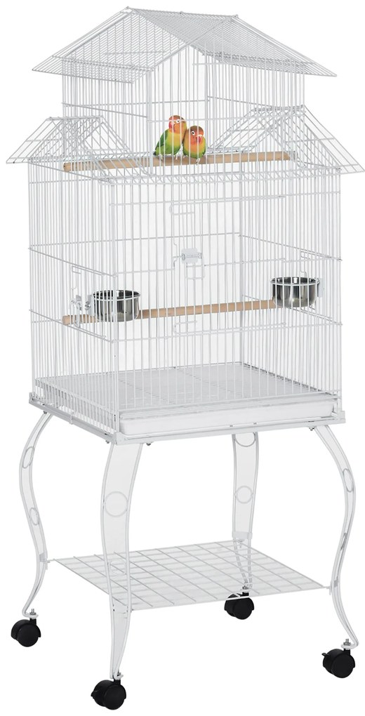 Gaiola para Pássaros com Rodas Gaiola Grande com Suporte 50x49x137cm com Bandeja Amovível Portas Comedouro Poleiro e Prateleira Inferior para Canários