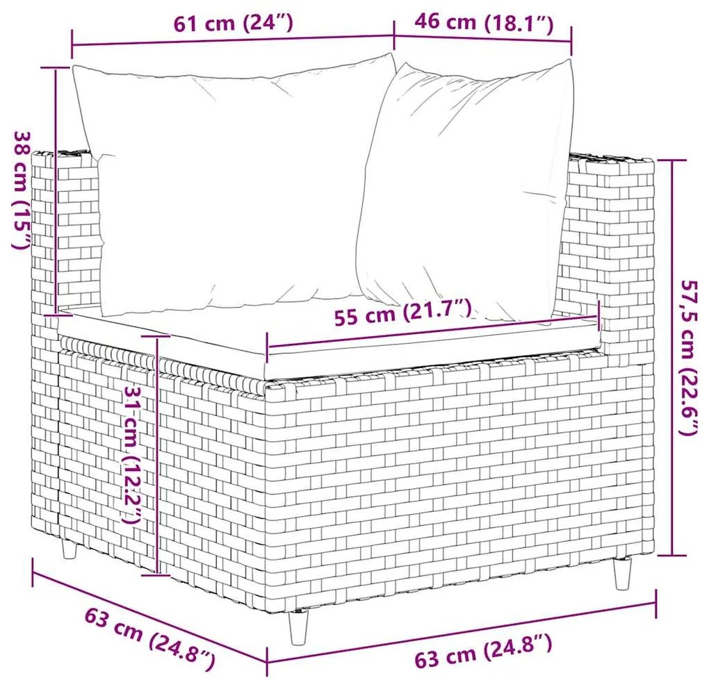 7 pcs conjunto lounge de jardim c/ almofadões vime PE castanho
