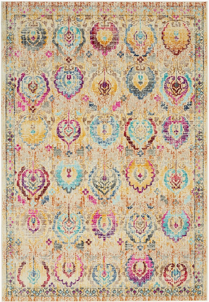 Tapete de pelo curto Kashan com ornamentos coloridos