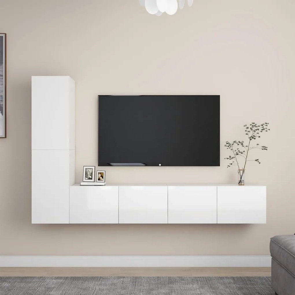 vidaXL 4 pcs conjunto de móveis de TV contraplacado branco brilhante