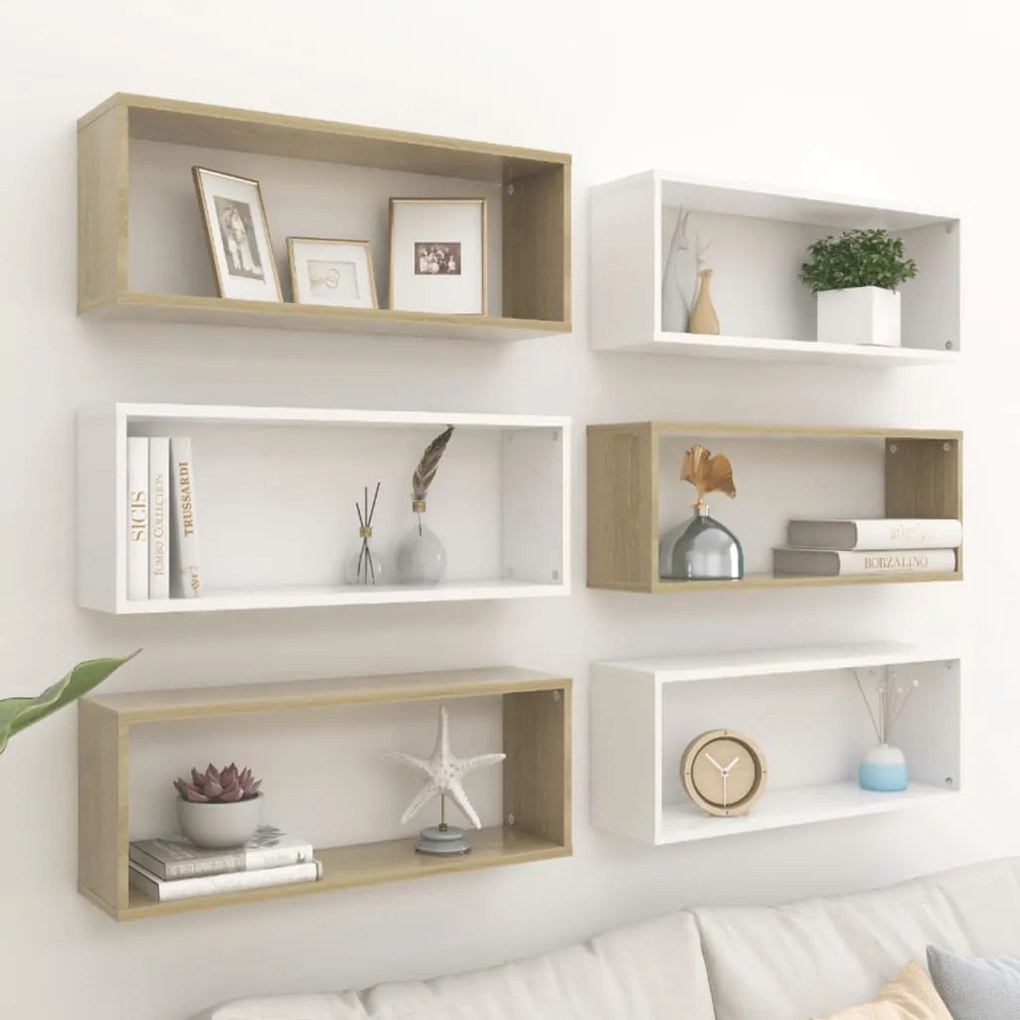 vidaXL Prateleiras parede cúbicas 6 pcs branco e carvalho sonoma