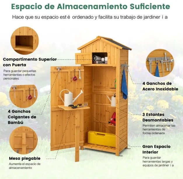 Abrigo armário de arrumação exterior para jardim Porta com fechadura Mesa dobrável Ganchos Organizador de ferramentas 75 x 50 x 180,5 cm