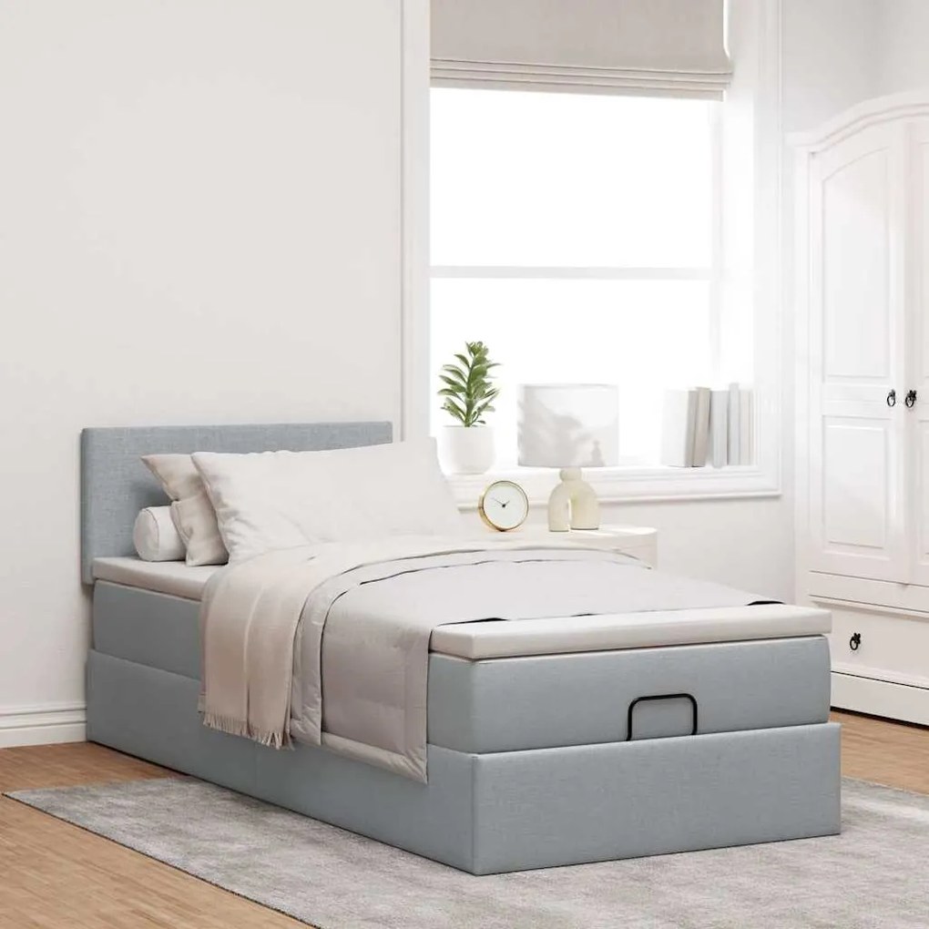 Cama Otomana com colchão & LEDs 90x200 cm tecido cinzento claro