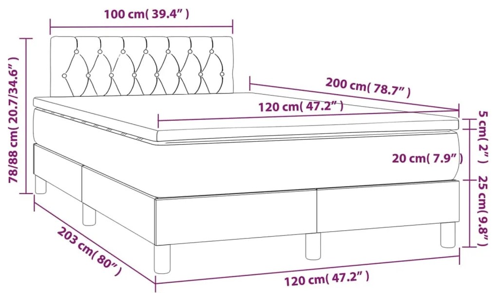 Cama box spring c/ colchão/LED 120x200cm tecido castanho-escuro