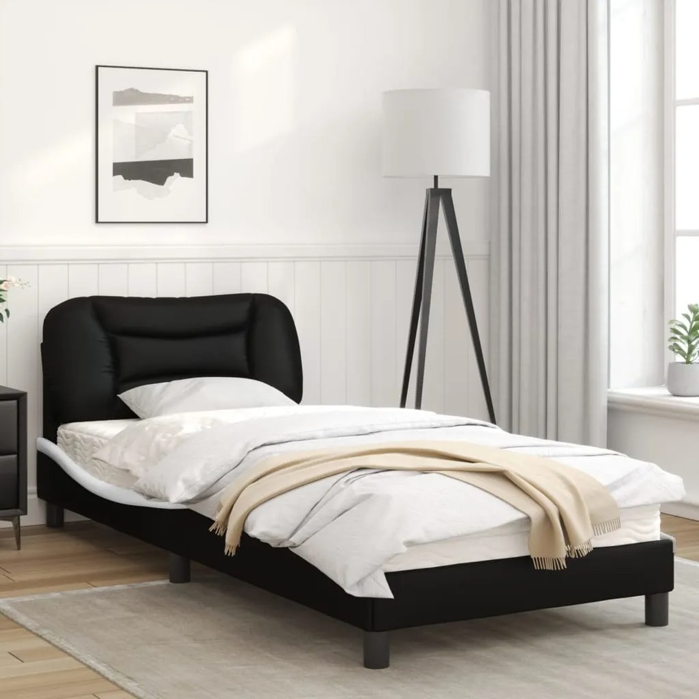 Estrutura cama c/ cabeceira couro artif. 80x200 cm preto/branco