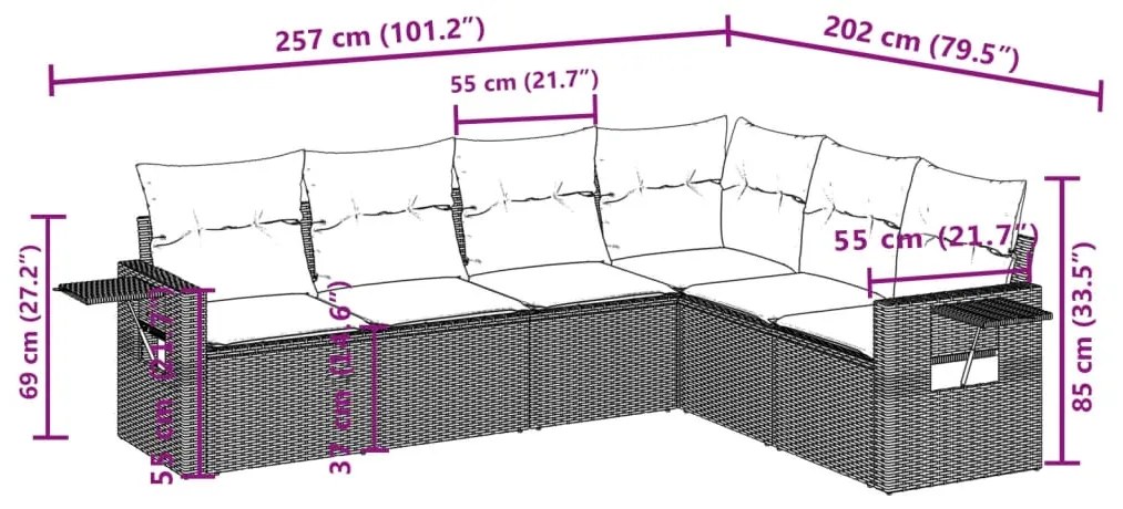 6 pcs conjunto de sofás p/ jardim com almofadões vime PE bege