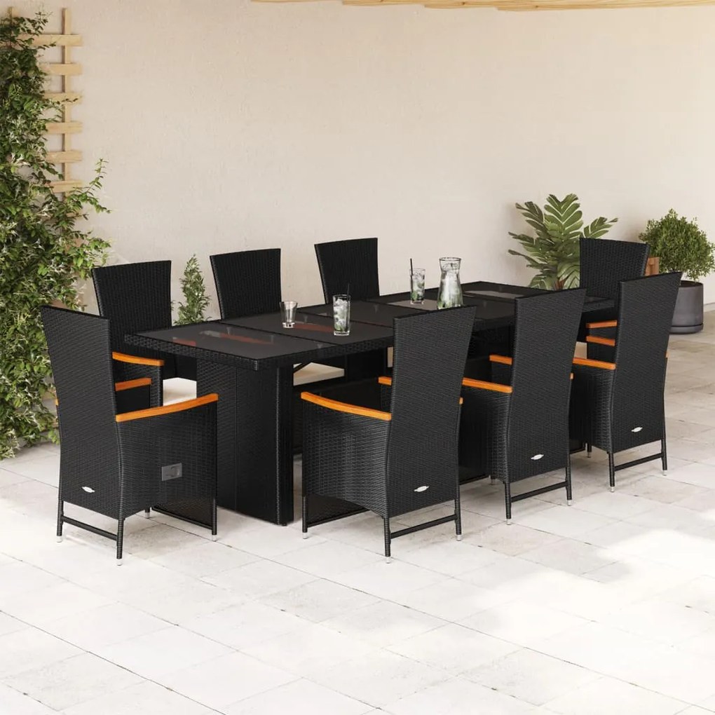 vidaXL 9 pcs conjunto de jantar p/ jardim c/ almofadões vime PE preto