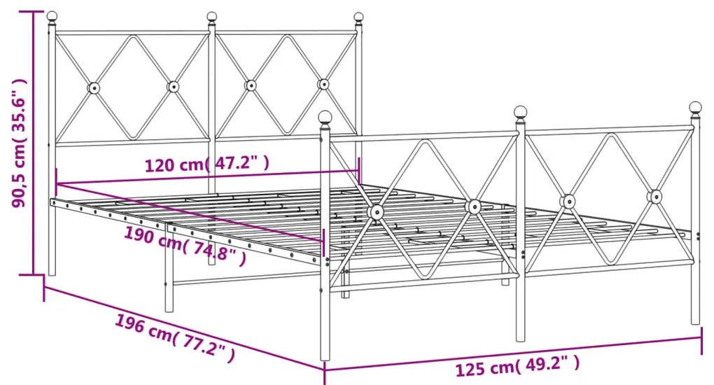 Estrutura de cama com cabeceira e pés 120x190 cm metal branco